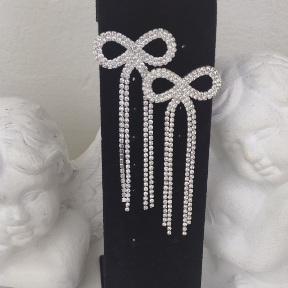 Crystal Bow & Rhinestone Fringe Gorgeous Sparkling Dangle Earrings